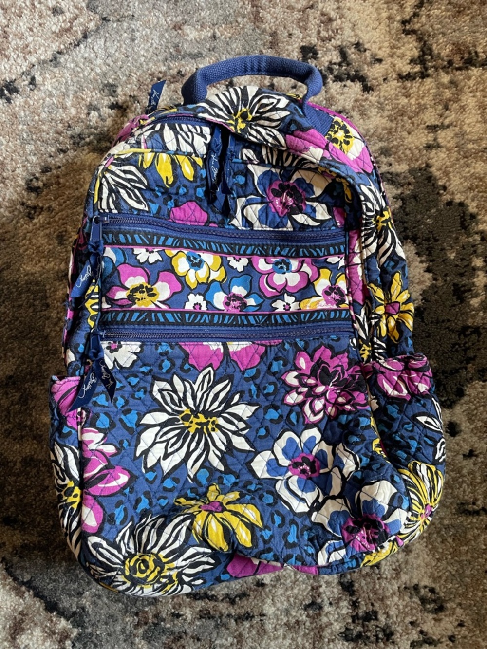 Vera Bradley Large Size Quilted Navy Floral Backpack with Pink & Yellow Accents